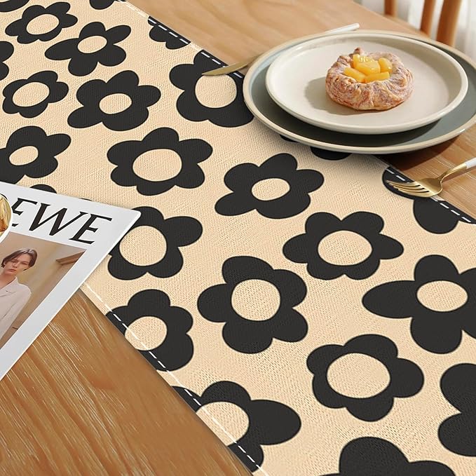 Abstract Black Flower Table Runners 70 inches Long Table Runner Elegant Linen Dresser Scarfs Farmhouse Tablerunner for Wedding/Coffee/Dining Table/Party Home Decor