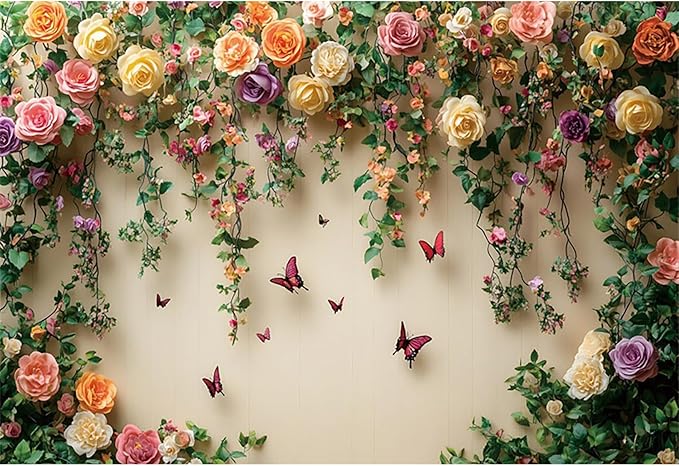Baocicco 10x7ft Flowers Wall Photography Background Butterfly Spring Floral Botanical Banner Backdrop Vintage Wedding Birthday Backdrop Decorations Girls Party Table Cake Decoration Photo Props