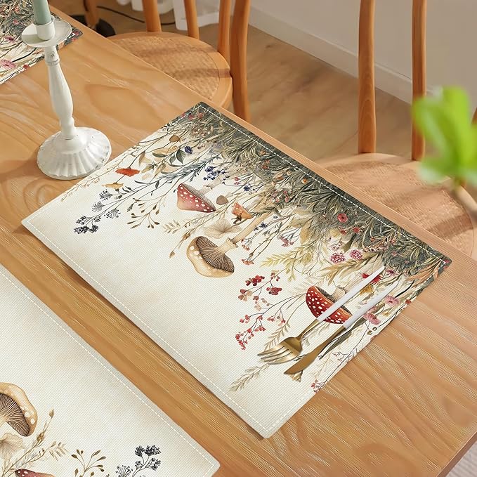 Cute Mushroom Placemats Set of 6, Flowers Plant Place Mats, Rustic Leaves Dining Table Mats, Washable Placemats for Kitchen Dining Room 18L'' × 12W''
