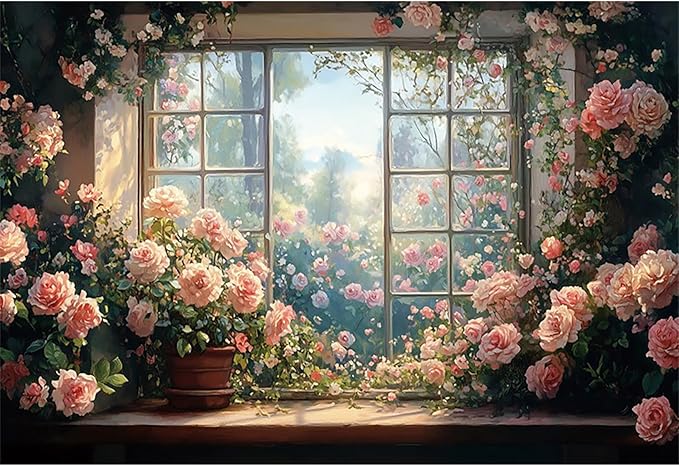 Baocicco 12x10ft Window Floral Backdrop Photography Flowers Wedding Bridal Shower Photography Background Retro Oil Painting Flower Banner for Girls Women Birthday Newborn Party Decorations Props