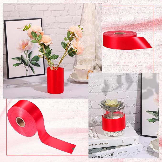Syhood Outdoor Leaf Ribbon Floral Satin Ribbon for Crafts Aspidistra Waterproof Holiday Outdoor Decoration(2 Inch X 108 Yards,Red)