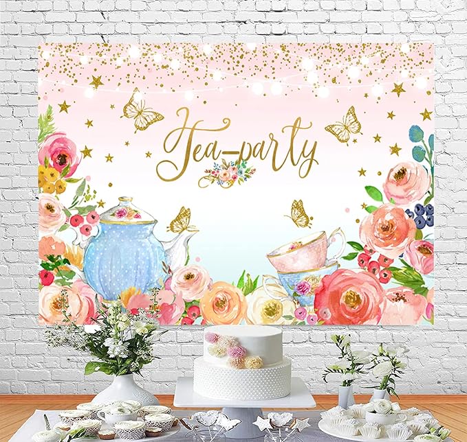 Pink Floral Tea Party Backdrop Glitter Gold Dots Butterfly Lets Partea Photography Background for Women Birthday Bridal Baby Shower Decorations Girls Wonderland Party Banner Photo Booth Supplies 7x5ft