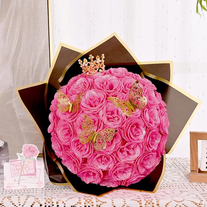 Waipfaru Glitter Roses Bouquet, DIY Fake Flowers Bouquet, Birthday Gifts for Women Mom, 24 Pcs Hot Pink Rose for Wife Girlfriend Valentines, Mothers Day, Anniversary, Graduation