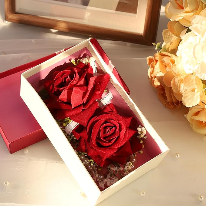 SITUMEIZI 2Pcs Red Rose Corsage and Boutonniere Set Corsage Wristlet Band Bracelet for Prom Decor and Boutonniere for Men Wedding Flowers Accessories Party Suit Decoration