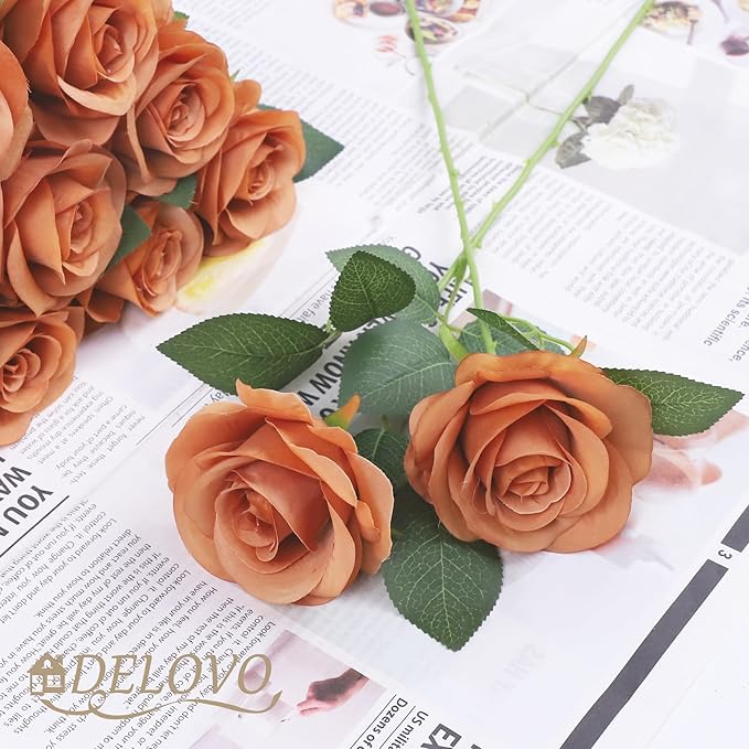 52pcs Terracotta Roses Artificial Flowers Fake Flowers Silk Roses with Stems for DIY Wedding Bouquets Bridal Shower Centerpieces Arrangements Party Decorations