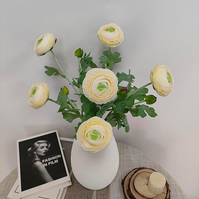 ATFL Ivory Ranunculus Artificial Flowers,6 Pcs Artificial Faux Silk Ranunculus Flowers with Real Touch Stems,Fake Peony Flowers for Floral Arrangements DIY Wedding Bouquet Party Table Home Decor