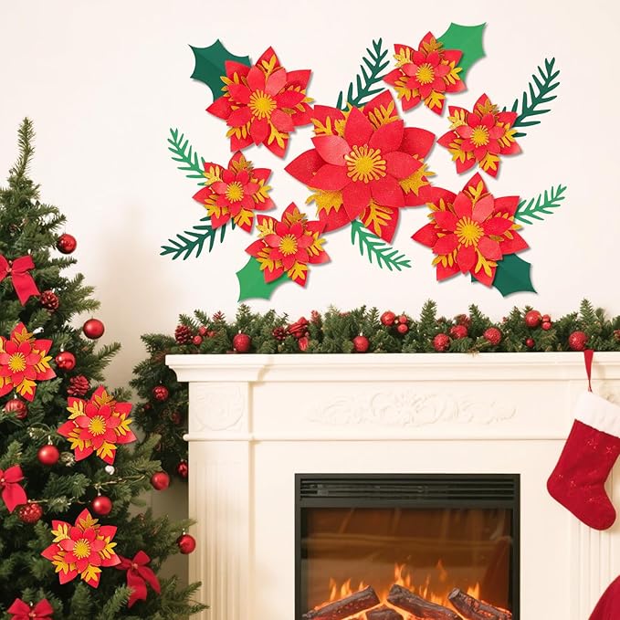 17PCS Christmas Paper Flower Wall Decoration Red Gold Poinsettia Large Flowers Artificial Christmas Flower Window Stickers Flower Window Wall Art Decals for Xmas Party, Living Room Door Xmas Tree