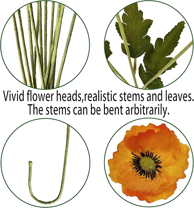ATFL Orange Poppy Flowers Artificial for Wedding Decorations,12 Pcs Fake Faux Silk Poppies Bulk for Home Decor Table Centerpieces Floral Arrangement(23.5‘’, Orange)