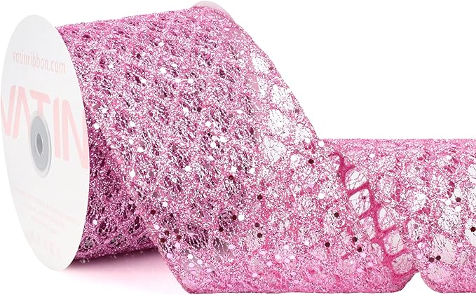 VATIN 4" Pink Christmas Ribbon, Pink Glitter Mesh Diamond Web Sequin Dots Wired Christmas Ribbon for Gift Wrapping Bow Making Wreath Supply-10 Yards
