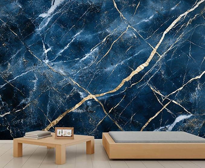 Blue Marble Wall Mural, Gold Vein Marble 3D Wall Murals, Luxury Navy Stone Wallpaper Mural, for Living Room Bedroom Large Wallpaper Indoor Decor 78.7" W x55.1 H