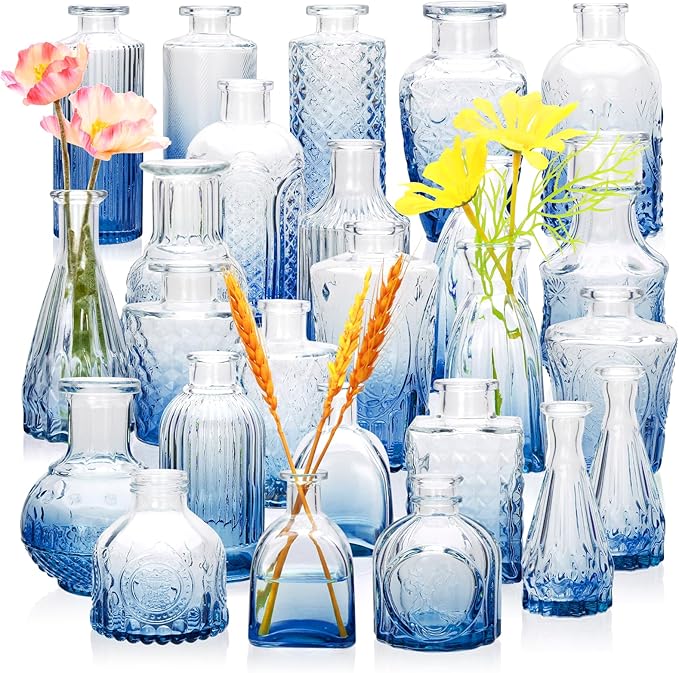 Brajttt Bud Vase Set of 25, Dark Blue Vases, Glass Bud Vases in Bulk, Small Vases for Mini Flower Vase Set, Cute Vintage Glass Set for Flower,Wedding,Home,Centerpiece Table Decorations