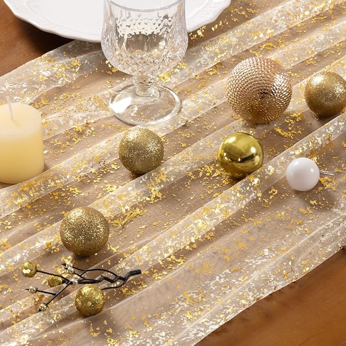 Socomi Gold Table Runner Christmas Gauze Sheer Chiffon Cheesecloth Sequin 10FT Glitter Metallic Foil Dining Wedding Birthday Party Fall Winter Holiday Centerpiece Table Decor 3pcs Beige