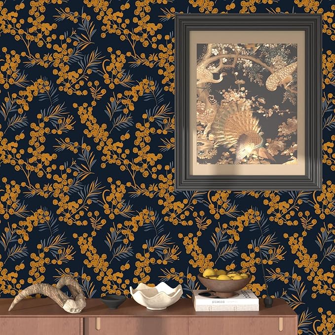 Boho Wallpaper Peel and Stick Leaf Wallpaper for Kitchen Vintage Contact Paper 17.5" x 393" Waterproof Vinyl Self Adhesive Dark Floral Wall Paper for Bedroom Walls Cabinet Locker Decor