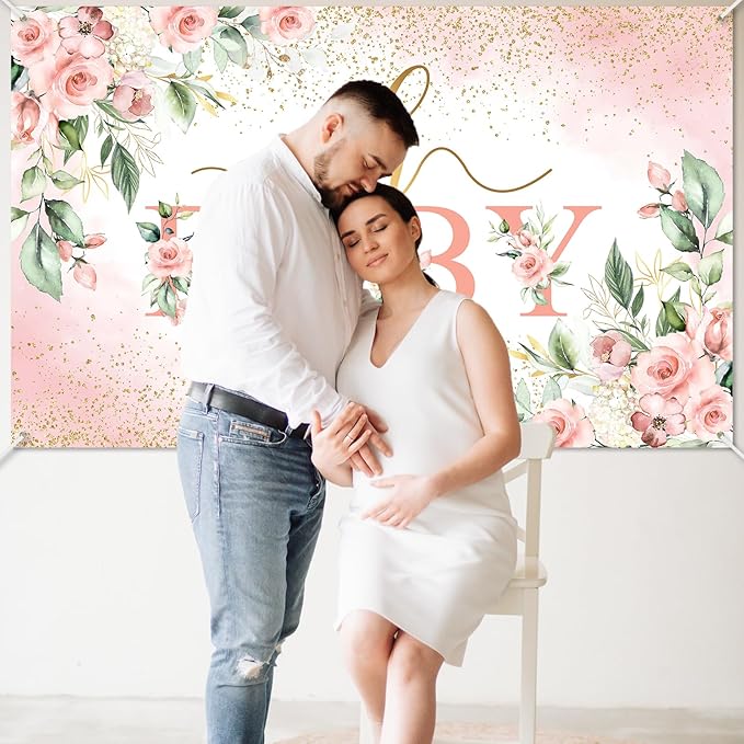 Mocsicka Oh Baby Backdrop Banner Girl Baby Shower Background Pink Floral Oh Baby Baby Shower Party Decorations Photo Booth Props (Pink, 6x3.6ft)
