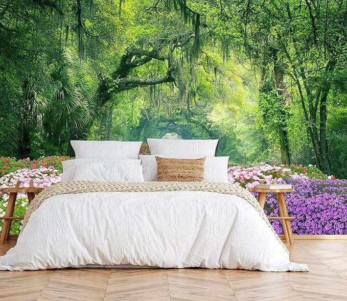 Sunny Flowers and Forest Wallpaper for Living Room, Bedroom, Bathroom Background Wall Decoration Mural（Non-self-Adhesive）