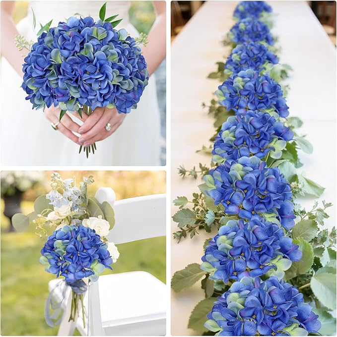 Hollyone 6 Pcs Blue Hydrangea Artificial Flowers Heads with Stems Silk Faux Hydrangea Blue Fake Flowers for Home Indoor Outdoor DIY Floral Wedding Flower Bouquets Kitchen Table Centerpiece Decor