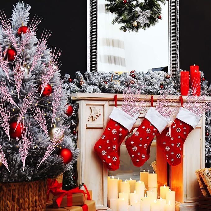 Geosar 30 Pcs Christmas Artificial Glitter Berry Stem Decorations 17 Inch Faux Stick Floral Pick Centerpiece Bouquet Flower Bead Twigs for Centerpiece Tree Wreath Xmas Ornaments Home(Pink)