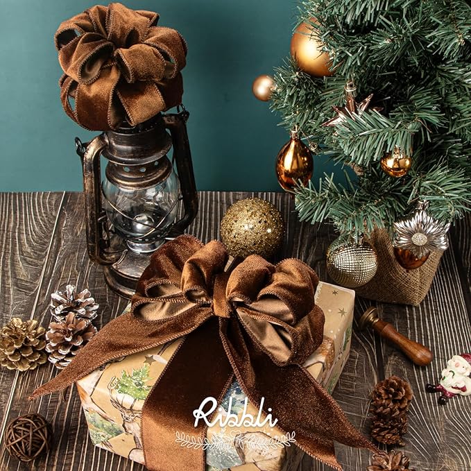 Ribbli Brown Velvet Wired Ribbon 1.5 Inch Velvet with Satin Christmas Ribbon for Gift Wrapping Christmas Tree Decoration Crafts Wreaths Supplies-Continuous 10 Yards