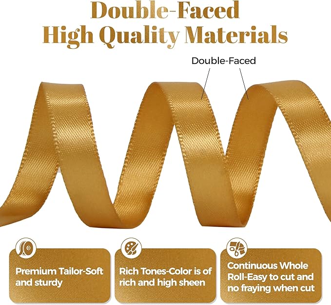Old Gold Satin Ribbon, Double Faced 3/8 Inch X 50 Yards Old Gold Ribbon, Premium Satin Ribbon for Gift Wrapping, Crafts, Hair Bow Making, Sewing, Flower Bouquet, Wedding Party Decor