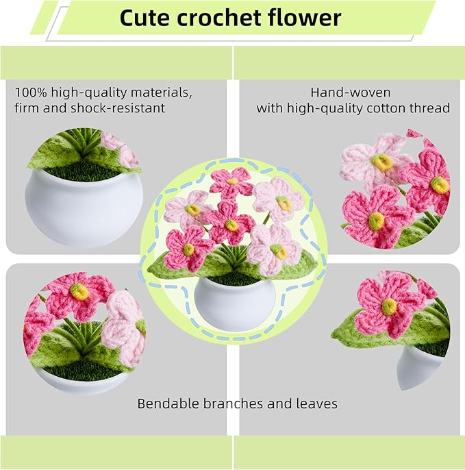 Crochet Flowers Pink Handmade Knitted Potted Flower Plants, Christmas Birthday Gifts for Coworkers Women Teacher Anniversary Thanksgiving, Cute Desk Home Office Accessories Decor