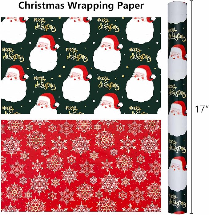 MAYPLUSS Christmas Wrapping Paper Roll - 17IN X 33FT - Green Gift Wrap Paper Featuring Santa Claus Gold Merry Christmas Reversible Snowflake for Kids, Holiday, New Year