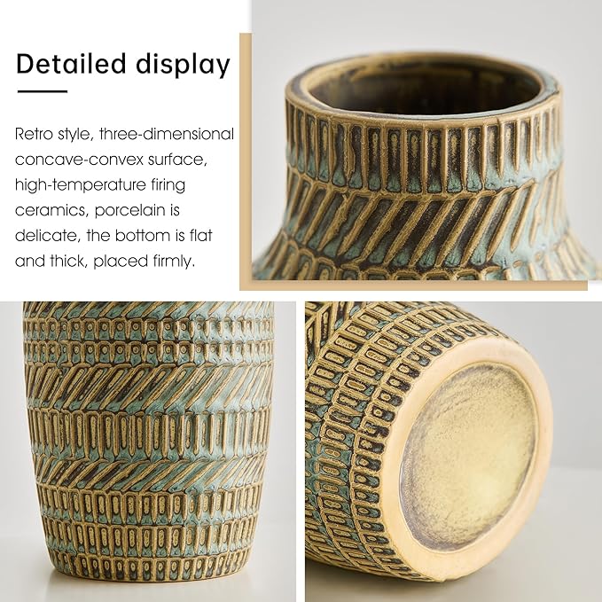 Modern White Ceramic Vase, Boho Flower Vases for Decor, 5.1" W x 8.7" H Modern Vase with Textured Pattern Table Centerpiece for Living Room Office Bedroom (Turquoise Vase)