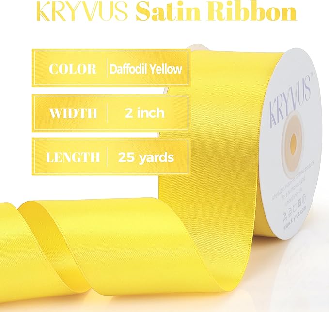 Daffodil Yellow Satin Ribbon, Double Faced 2 Inch X 25 Yards Daffodil Ribbon, Premium Satin Ribbon for Gift Wrapping, Crafts, Hair Bow Making, Sewing, Flower Bouquet, Wedding Party Decor