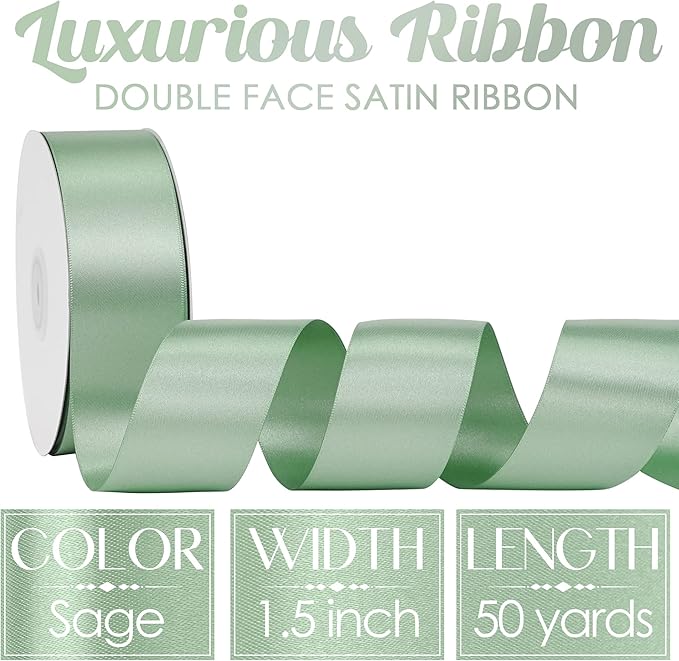 MEEDEE Sage Satin Ribbon 1-1/2 Inch Light Green Ribbon Lux Double Faced Satin Ribbons by 50 Yards Green Polyester Satin Ribbons for Crafts, Weddings, Flower Bouquet, Holiday Decorating
