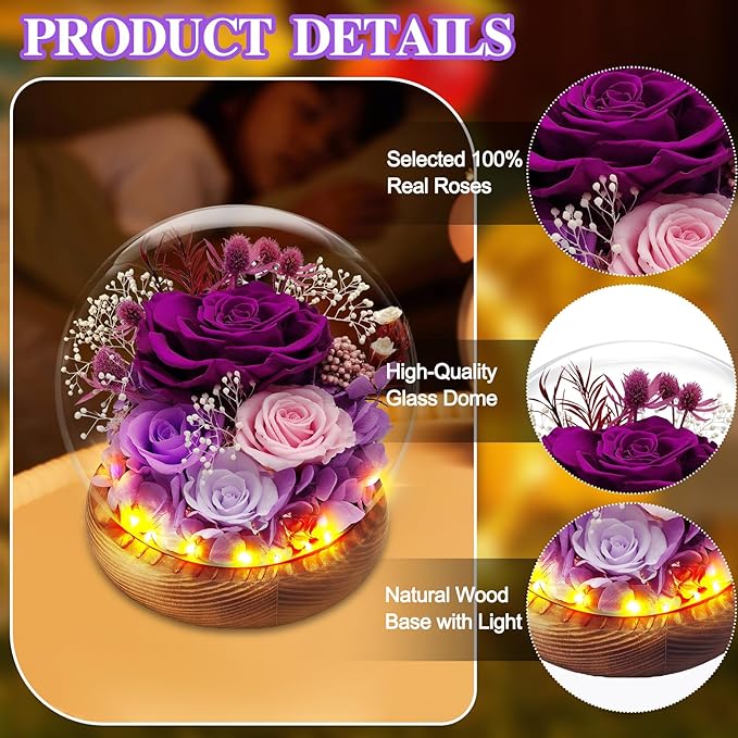 Preserved Rose Forever Flowers in Glass Dome Gifts for Women, Long-Lasting Real Flowers，Red Eternal Rose Birthday Gifts for Mom Valentines Day Anniversary for Wife Girlfriend