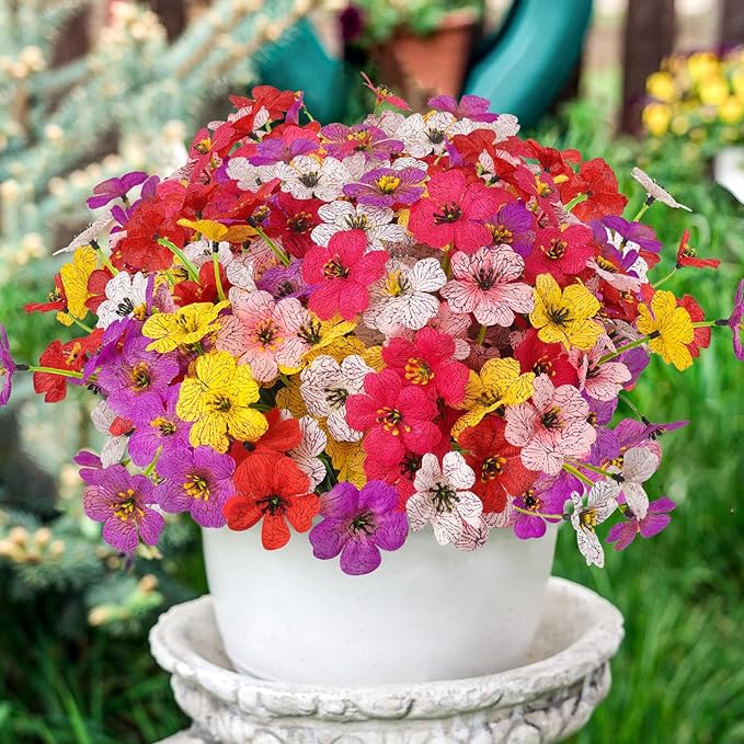 MACTING Artificial Flowers for Outdoors 12 Bundles UV Resistant Fake Flowers Faux Plastic Plants No Fade for Hanging Planters Window Patio Porch Yard Indoor Outdoor Summer Decorations(Mix Color-1)
