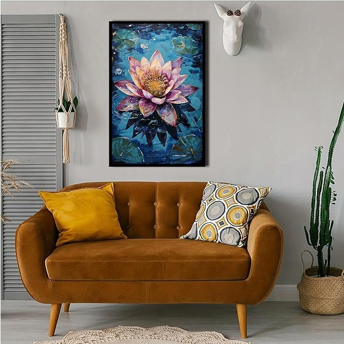 Gorgeous pink and purple water lilies on deep blue water Eye-catching oil painting Serene aquatic wall art for modern home decor 8x12in Metal blackFramed