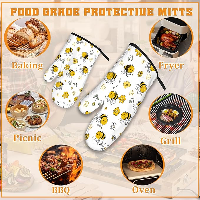 Cute Bee Oven Mitts and Pot Holders,Flower Heat Resistant Oven Mitts Gloves and Pot Holder for Home Kitchen Decorations Cooking Baking BBQ Gifts,Set of 4
