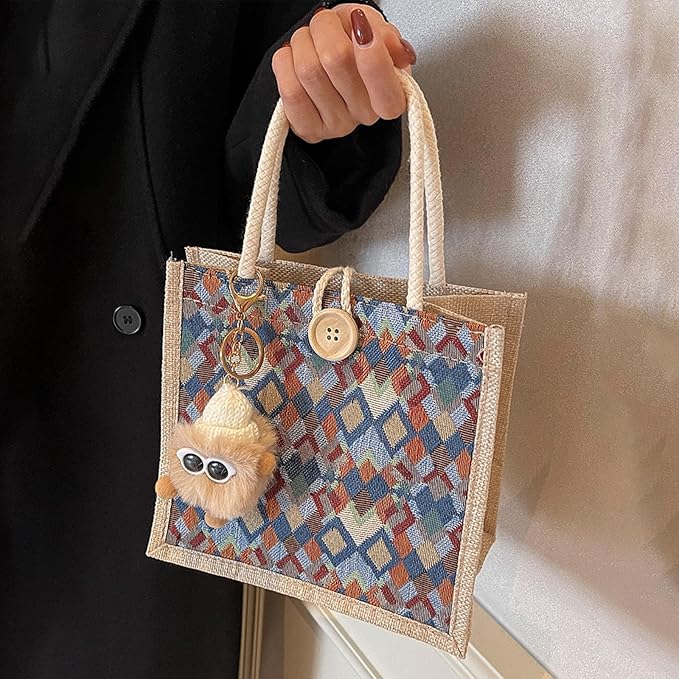Women Tote Bag,2Pcs Jute Casual Tote's Handbag Embroidered Personalized Bento Bag,Reusable Grocery Bags Shopping Bags