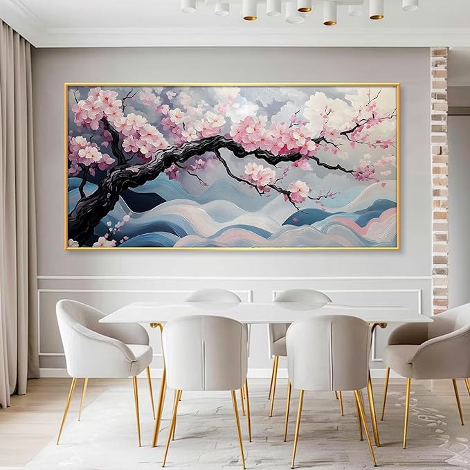 Japanese Cherry Blossom Canvas Wall Art, Sakura Tree Canvas Print, Pink Floral Pictures, Cherry Blossom Tree Wall Art, Flower Branch Decor, Nature Prints for Living Room (Gold Framed, 55"x27" | 140x70cm)
