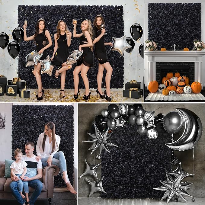 Artificial Flower Wall Panels - 12-Piece Set of 15x15 Inch Black Silk Roses Floral Backdrop Ideal for Wedding Celebrations, Festive Party Background and Elegant Home Decor