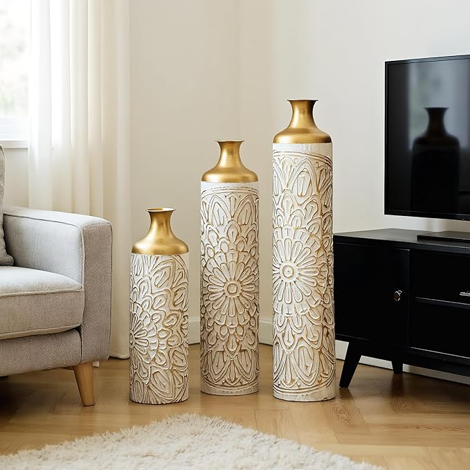 Floor Oversized Gold Metal Decorative Vase with 3D Triangle Pattern Set of 3 Large Vases for Home Living Room 33.5 ", 29.5 ", 25.2" High (White+Matte Gold)