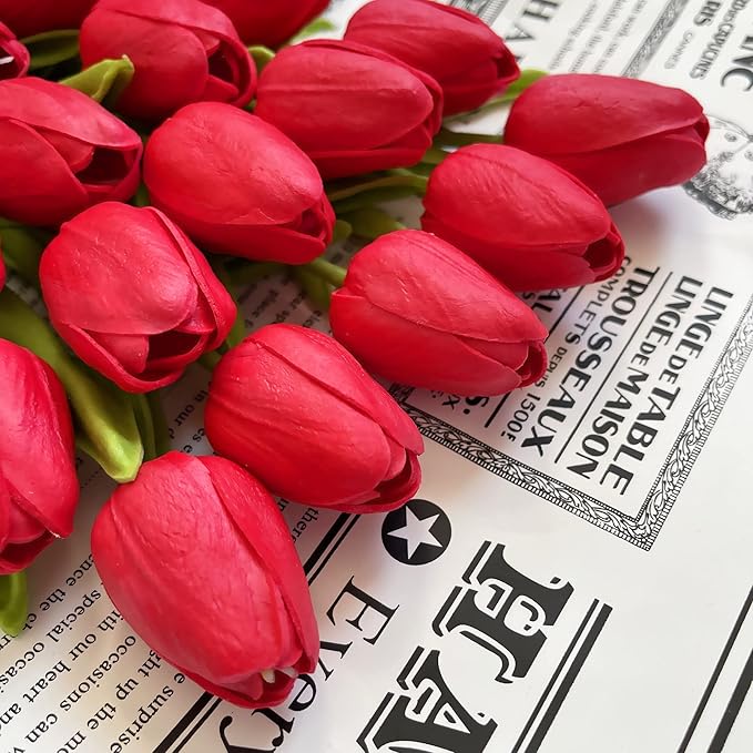 UKELER 24 Pcs Fragrant Red Flowers 13.5" Tall Artificial Tulip Flowers for Home Kitchen Wedding Decorations Tulip Wreath Arrangement