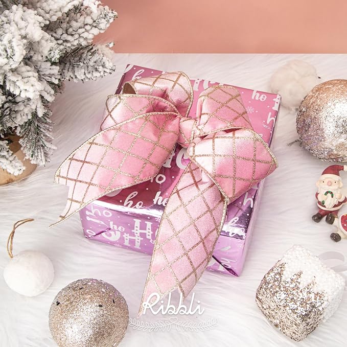 Ribbli Light Pink Velvet Ribbon Wired with Glitter Diamond Grid 2-1/2 Inch Christmas Ribbon for Christmas Tree Decoration Big Bow Gift Wrapping Crafts Wreaths Garland Supplies - 10 Yards