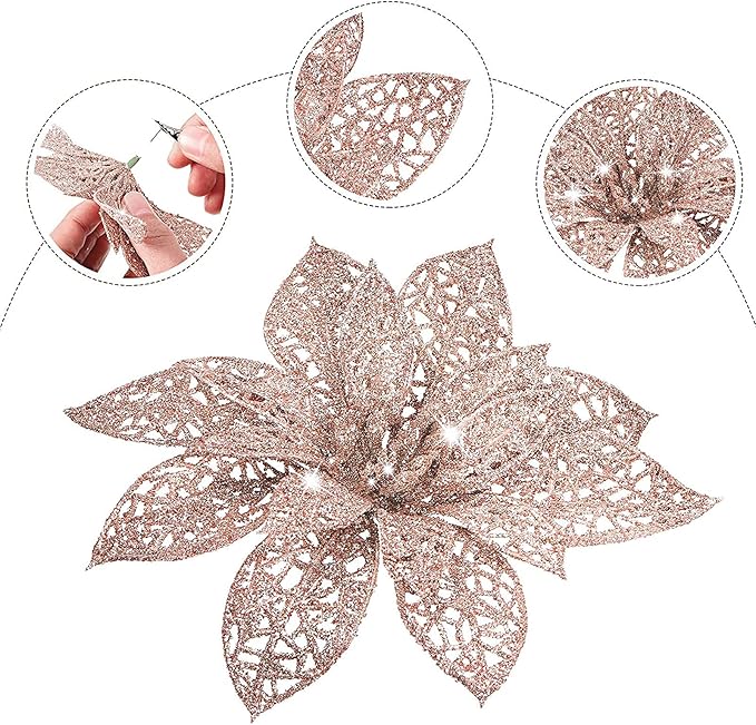 Boao Rose Gold 24 Pieces Poinsettia Flower Christmas Glitter Artificial Poinsettia with Clips Christmas Tree Ornament Decorations for DIY Xmas Wreath Holiday Home Party Decor, 3/4/6 Inches