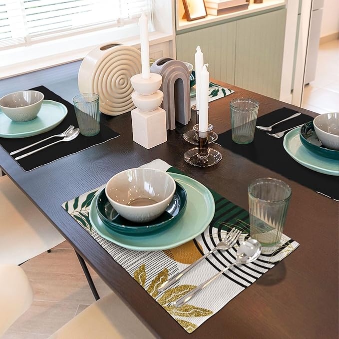 Boho Placemats, Modern Minimalist Art Abstract Geometric Sun Plant Print Washable Fabric Placemats Table Kitchen Dining Party 12x18 Inch Set of 6