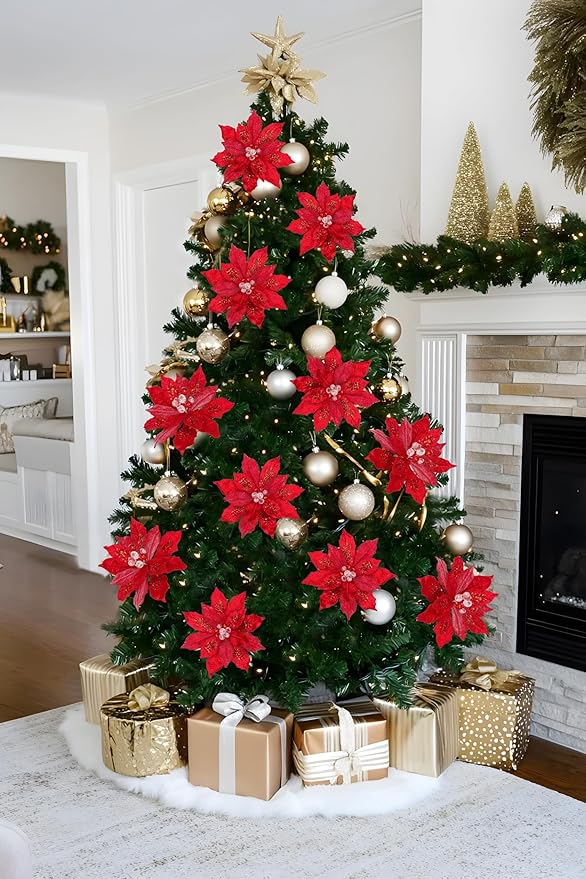 4 Pcs Poinsettia Artificial Christmas Flowers - 11.8" Christmas Flower Picks Large Red Glitter Ornaments Silk Floral Stems with Clips for Xmas Tree Decoration Wreath Garland Fireplace Stairs Decor