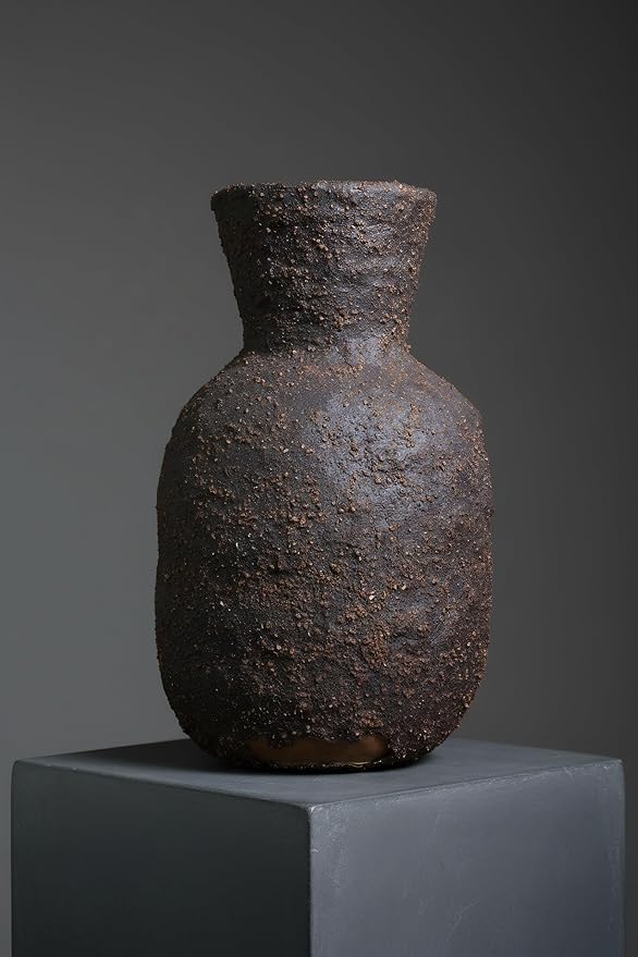 Rustic Textured Clay Vase - 7IN Round Ceramic Vase Vintage Farmhouse Style Decor, Circle Wabi Sabi Vases for Farmhouse Home Decor, Decor Living Room, Table, Shelf (brown2)