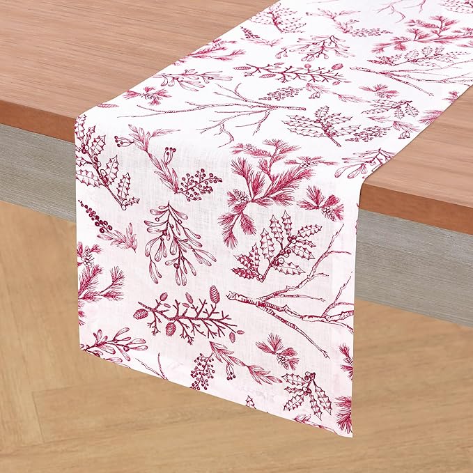 Solino Home 100% Pure Linen Christmas Table Runner 72 Inches Long - Red/White Table Runner 14 x 72 Inch - Handcrafted and Machine Washable - Winter Forest Print