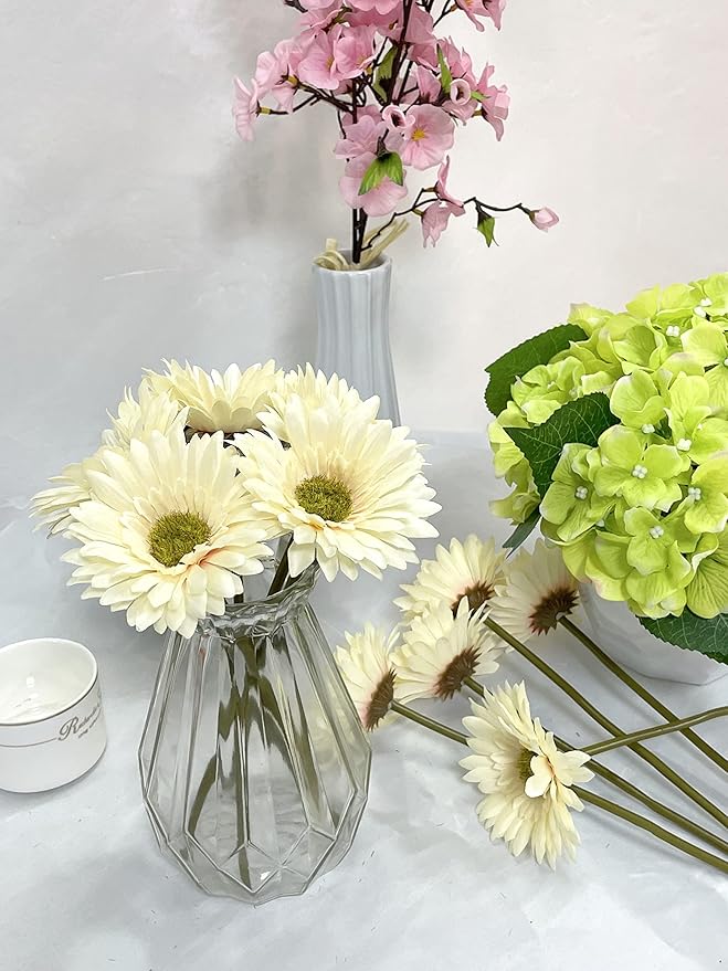 10PCS Artificial Gerbera Daisy Silk Flowers Faux Flower for Party Home Kitchen Garden Wedding Decor (Cream White)