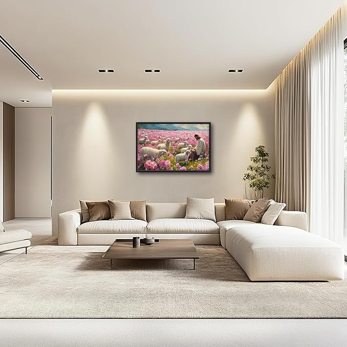 Jesus Lamb Large Wall Art Christian Religious Painting Wall Decor Church Canvas Prints Pink Pictures Framed Artwork Decoration for Prayer Bedroom Living Room Office 36"x24"