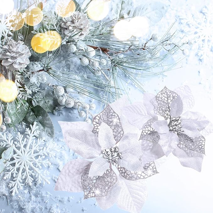 Boao 24 Pieces Christmas Artificial Glitter Poinsettia Flowers Xmas Flowers Wedding Christmas Tree New Year Ornaments(Silver)