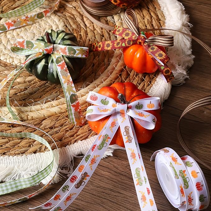 LaRibbons Fall Ribbons for Crafts 3/8 Inch x 5 Yards/Roll 50Yards TTL,Orange Green Yellow Plaid Ribbon for Autumn Wreath Thanksgiving Christmas Farm Gift Wrapping Home Decor
