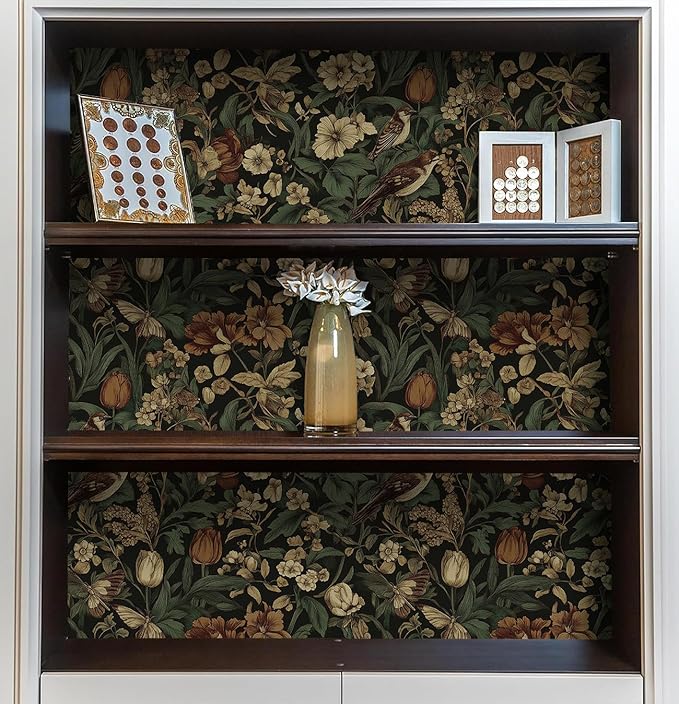 Erfoni 17.3" x 354" Bird Floral Peel and Stick Wallpaper Vintage Contact Paper for Livingroom Floral and Leaf Self Adhesive Wall Paper Retro DIY Removable Decorative Wallpaper Vinyl Roll Dark