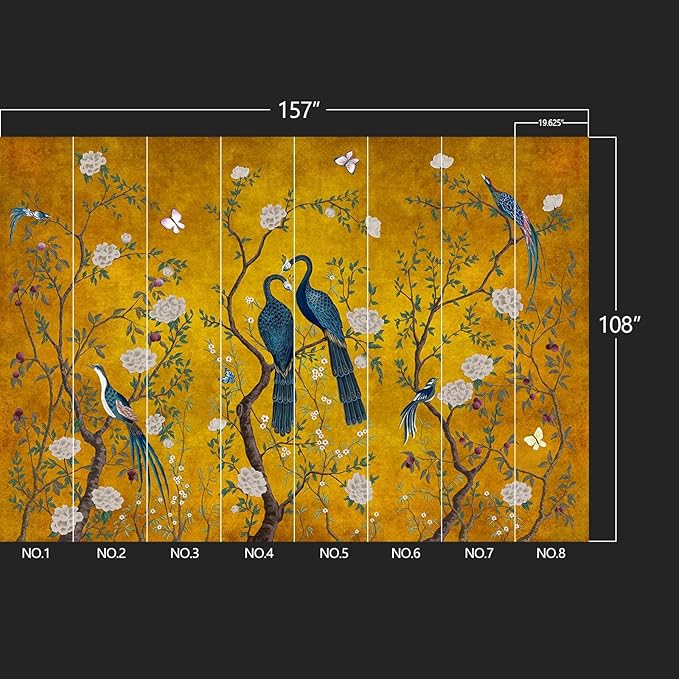 WXHFM - Golden Chinese Style Flowers Birds Large wall murals Peel and Stick Wallpaper for Bedroom Living Room - 108"x157"
