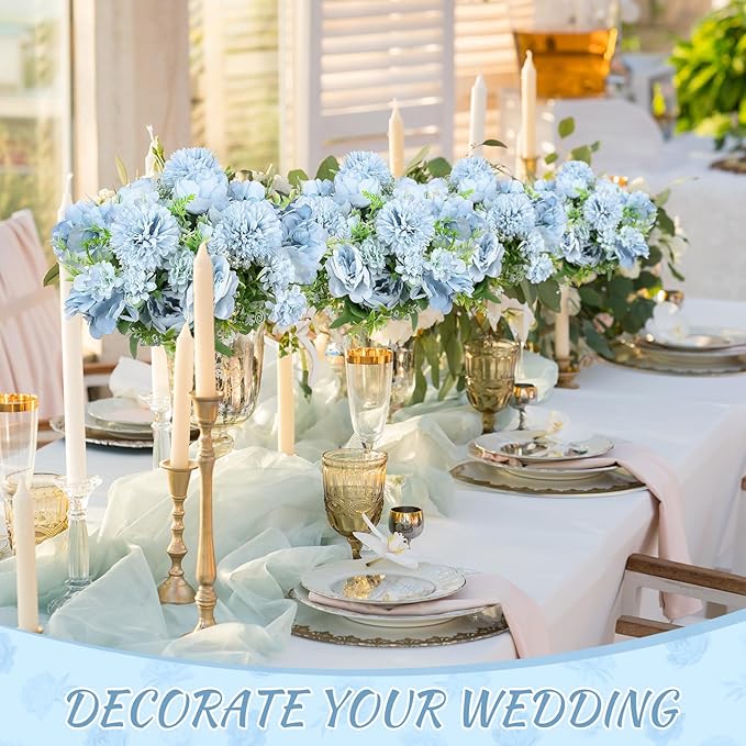 Lyrow 8 Pcs Peony Artificial Flowers Fake Silk Hydrangea Bouquet Elegant Peony Flowers for Wedding Decoration Faux Realistic Floral for Home Party Table Centerpieces Arrangement (Blue)